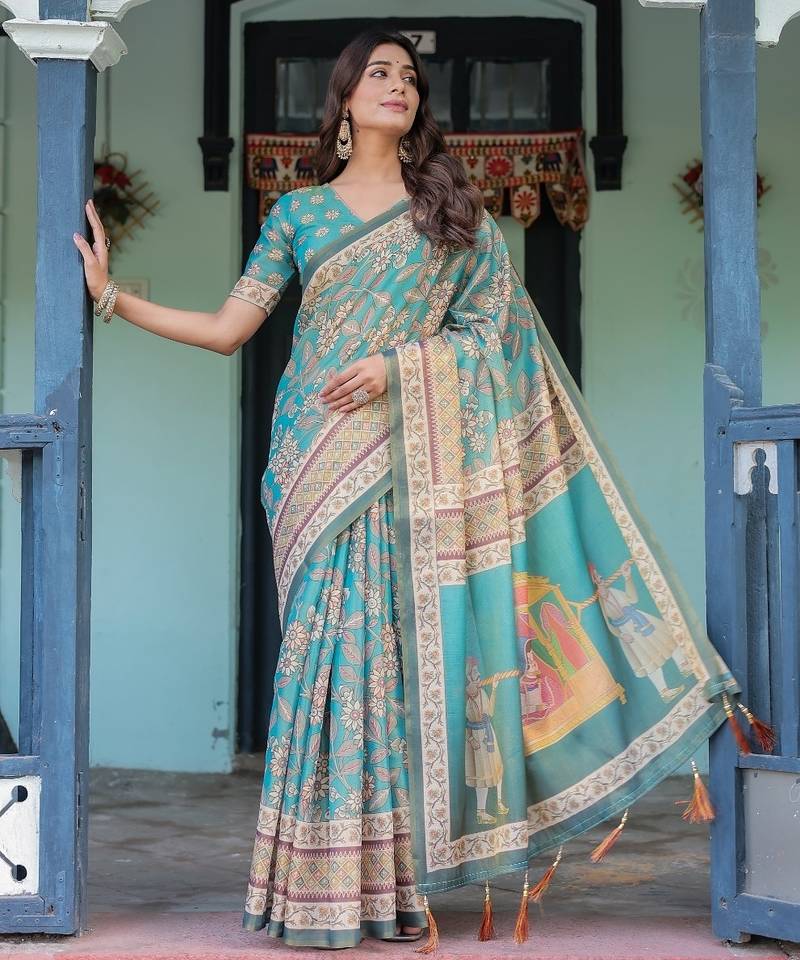Teal blue colour ready to wear saree with unstitched bloure