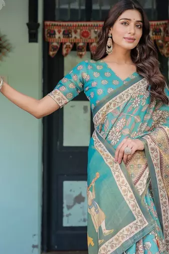 Teal blue colour ready to wear saree with unstitched bloure