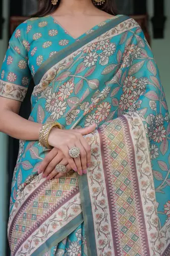Teal blue colour ready to wear saree with unstitched bloure