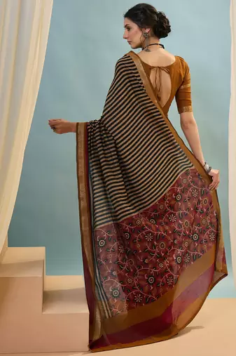 Mustard color one minute ready made cotton saree with unstitched designer blouse