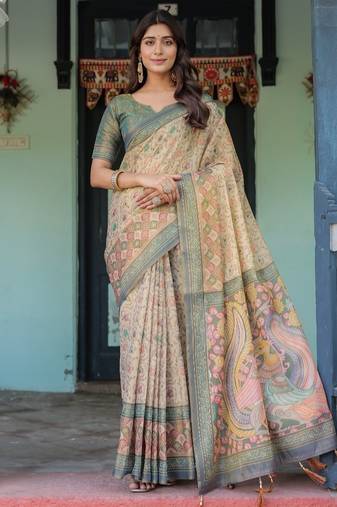 Ivory colour ready to wear saree with unstitched bloure