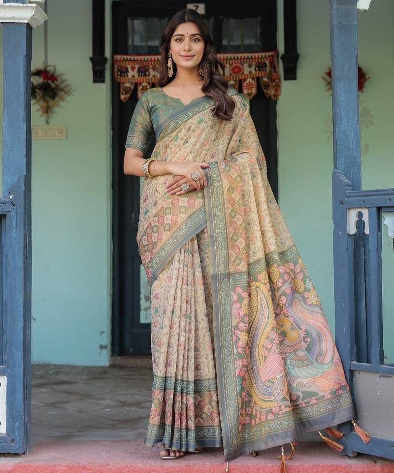 Ivory colour ready to wear saree with unstitched bloure