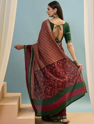 Red color one minute ready made cotton  saree with unstitched designer blouse 2