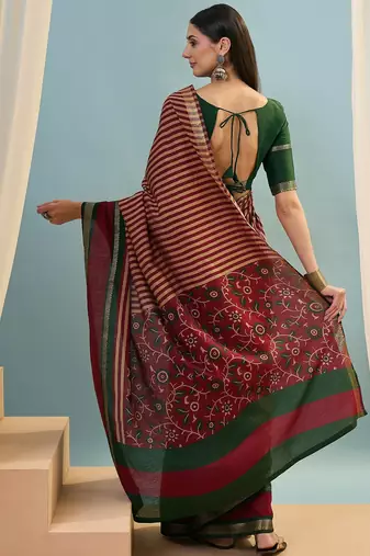 Red color one minute ready made cotton  saree with unstitched designer blouse