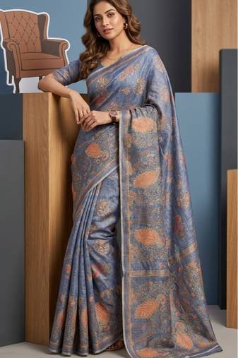 Blue colour cotton erode weaving deer print saree with unstitched blouse