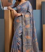 Blue colour cotton erode weaving deer print saree with unstitched blouse