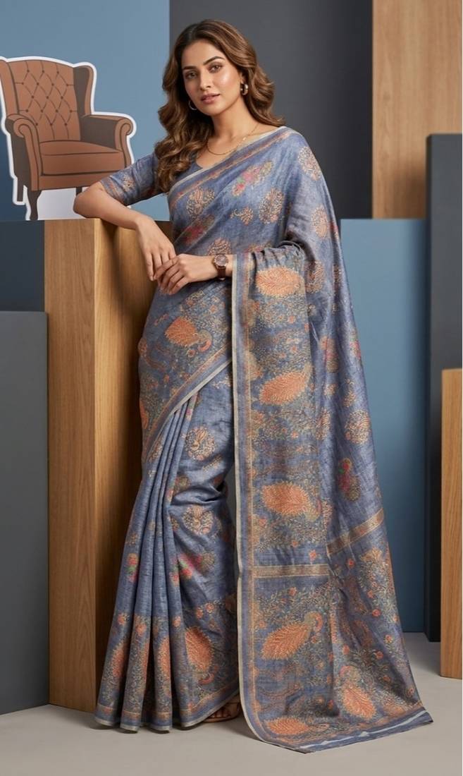 Blue colour cotton erode weaving deer print saree with unstitched blouse