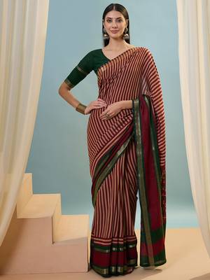 Red color one minute ready made cotton  saree with unstitched designer blouse 3