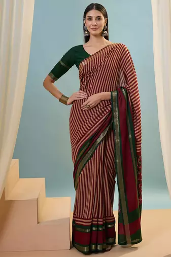 Red color one minute ready made cotton  saree with unstitched designer blouse