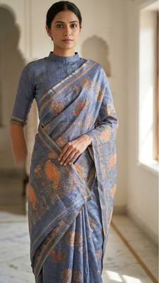 Blue colour cotton erode weaving deer print saree with unstitched blouse 2