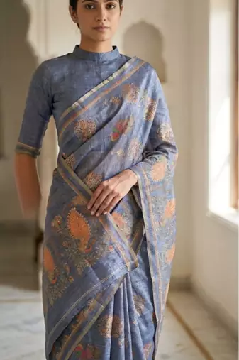 Blue colour cotton erode weaving deer print saree with unstitched blouse