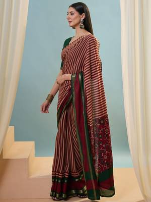 Red color one minute ready made cotton  saree with unstitched designer blouse 4