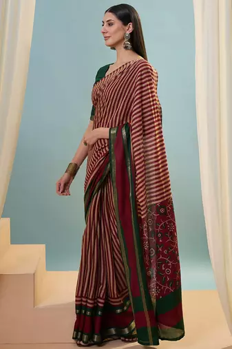 Red color one minute ready made cotton  saree with unstitched designer blouse