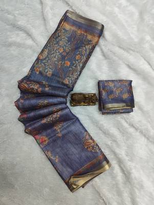 Blue colour cotton erode weaving deer print saree with unstitched blouse 3