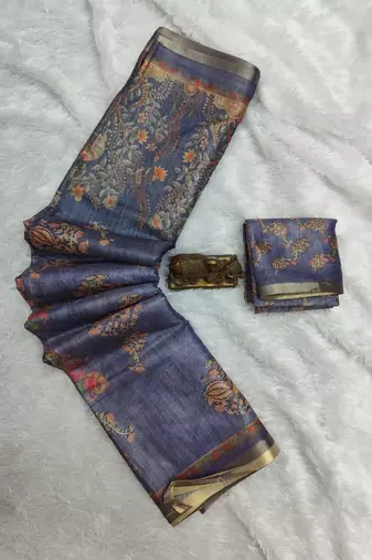 Blue colour cotton erode weaving deer print saree with unstitched blouse