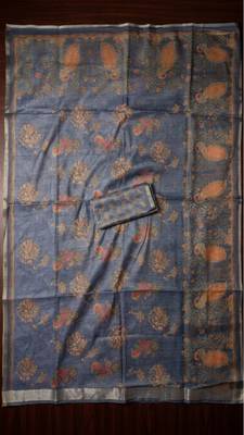 Blue colour cotton erode weaving deer print saree with unstitched blouse 4