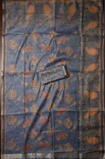 Blue colour cotton erode weaving deer print saree with unstitched blouse