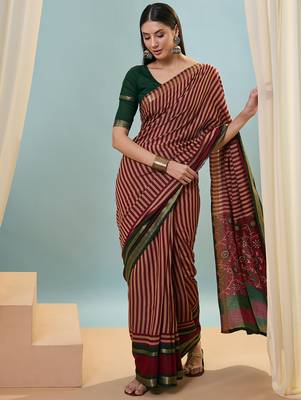 Red color one minute ready made cotton  saree with unstitched designer blouse 5