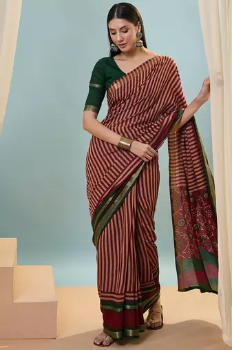 Red color one minute ready made cotton  saree with unstitched designer blouse
