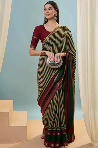 Green color one minute ready made cotton saree with unstitched designer blouse