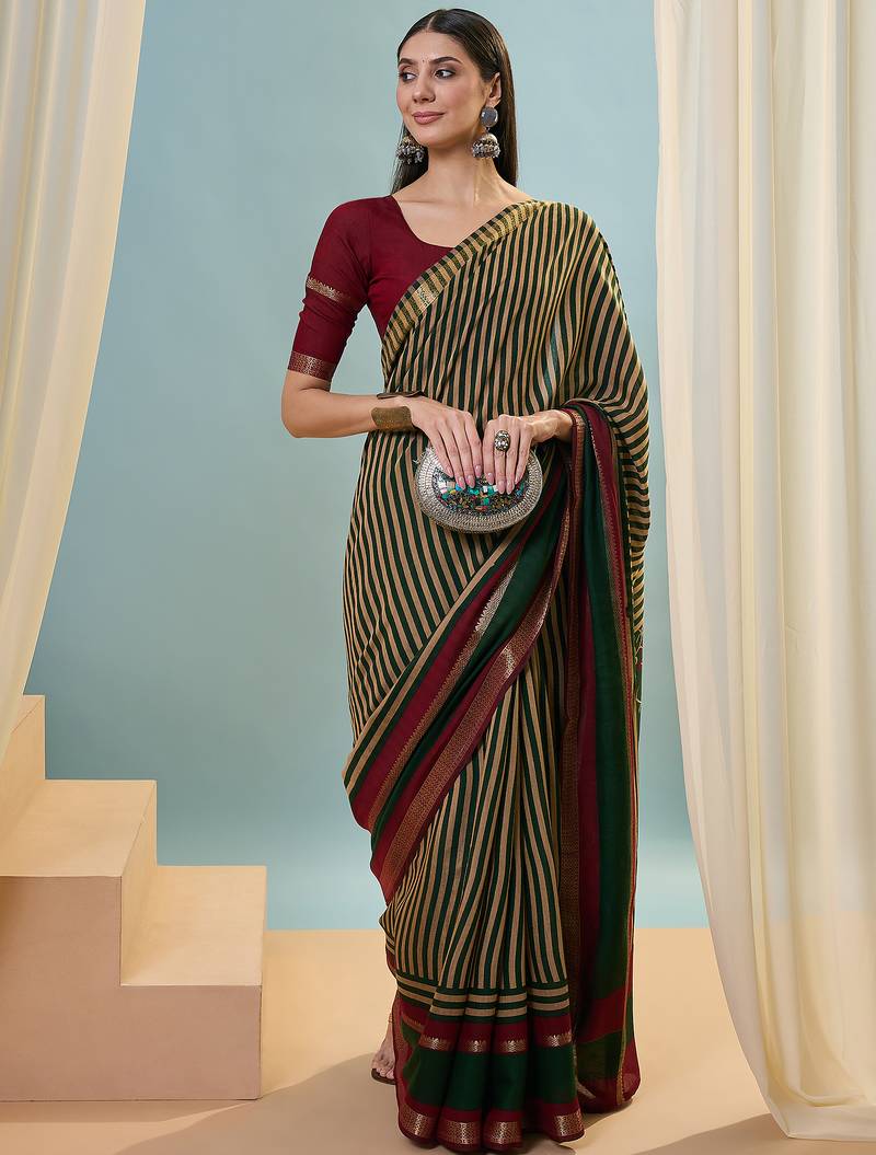 Green color one minute ready made cotton saree with unstitched designer blouse