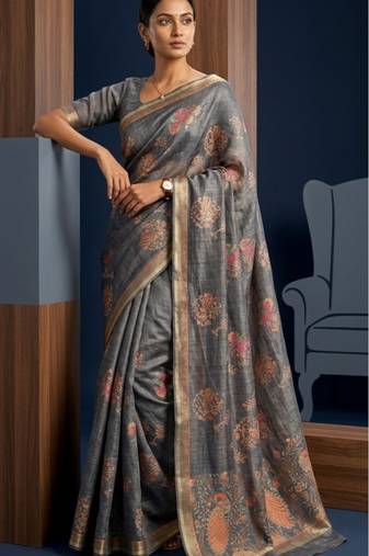Grey colour cotton erode weaving deer print saree with unstitched blouse