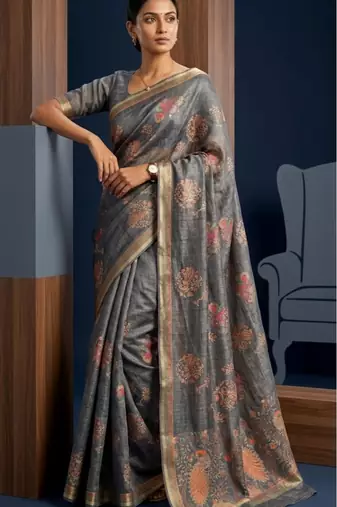 Grey colour cotton erode weaving deer print saree with unstitched blouse