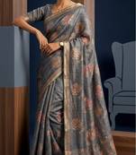 Grey colour cotton erode weaving deer print saree with unstitched blouse