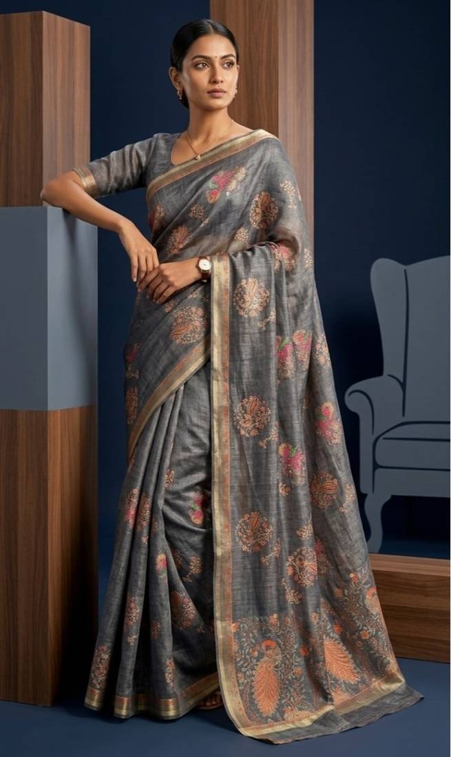 Grey colour cotton erode weaving deer print saree with unstitched blouse
