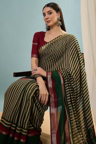 Green color one minute ready made cotton saree with unstitched designer blouse