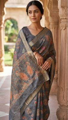 Grey colour cotton erode weaving deer print saree with unstitched blouse 2