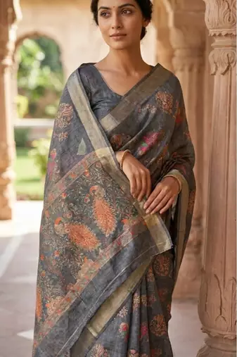 Grey colour cotton erode weaving deer print saree with unstitched blouse