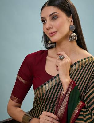 Green color one minute ready made cotton saree with unstitched designer blouse 3