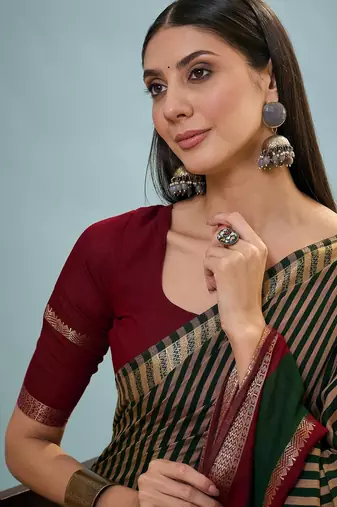 Green color one minute ready made cotton saree with unstitched designer blouse
