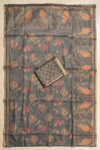 Grey colour cotton erode weaving deer print saree with unstitched blouse
