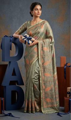 Sage green colour cotton erode weaving deer print saree with unstitched blouse 1