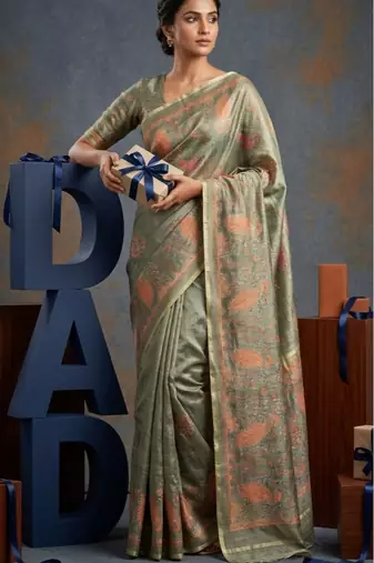 Sage green colour cotton erode weaving deer print saree with unstitched blouse
