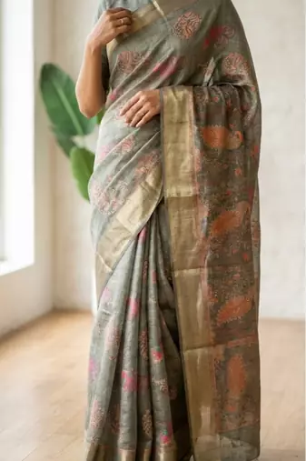 Sage green colour cotton erode weaving deer print saree with unstitched blouse