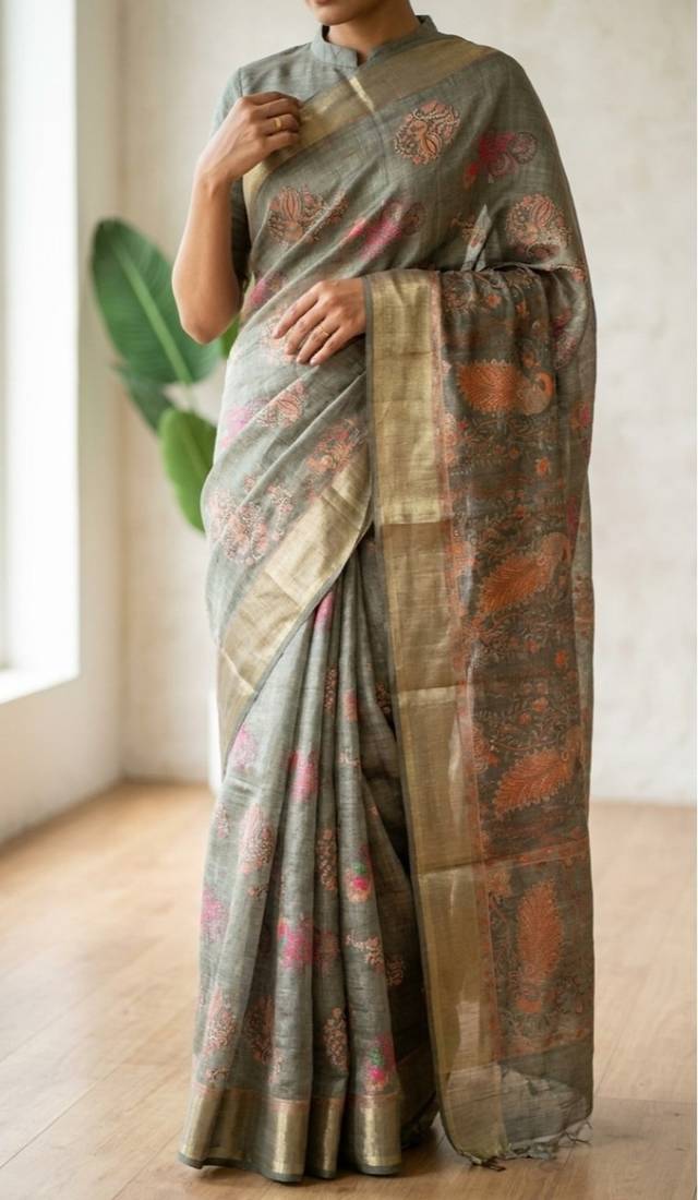 Sage green colour cotton erode weaving deer print saree with unstitched blouse