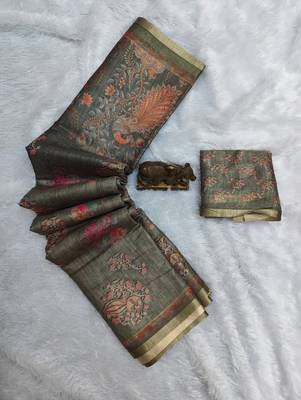 Sage green colour cotton erode weaving deer print saree with unstitched blouse 3