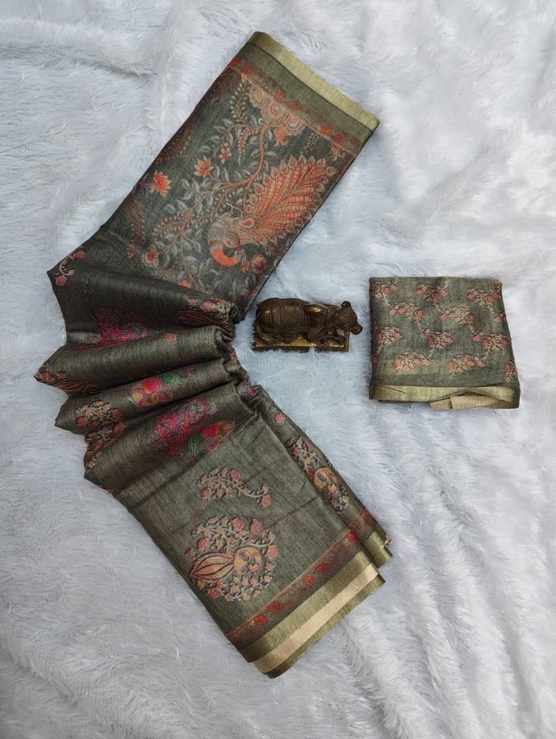 Sage green colour cotton erode weaving deer print saree with unstitched blouse