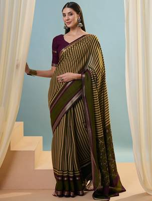 Green color one minute ready made cotton saree with unstitched designer blouse 1