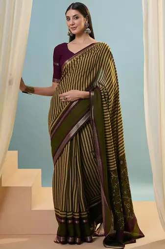 Green color one minute ready made cotton saree with unstitched designer blouse