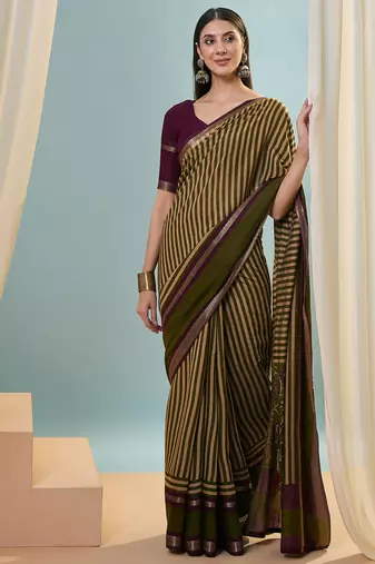 Green color one minute ready made cotton saree with unstitched designer blouse