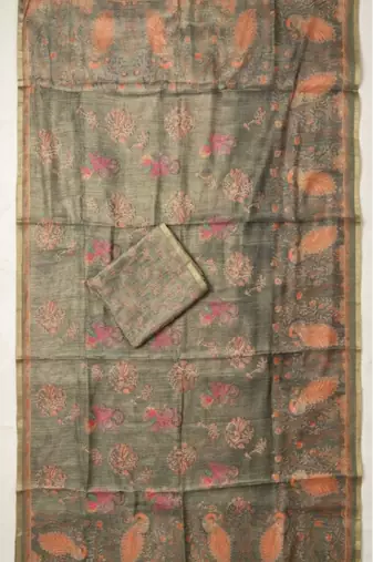 Sage green colour cotton erode weaving deer print saree with unstitched blouse