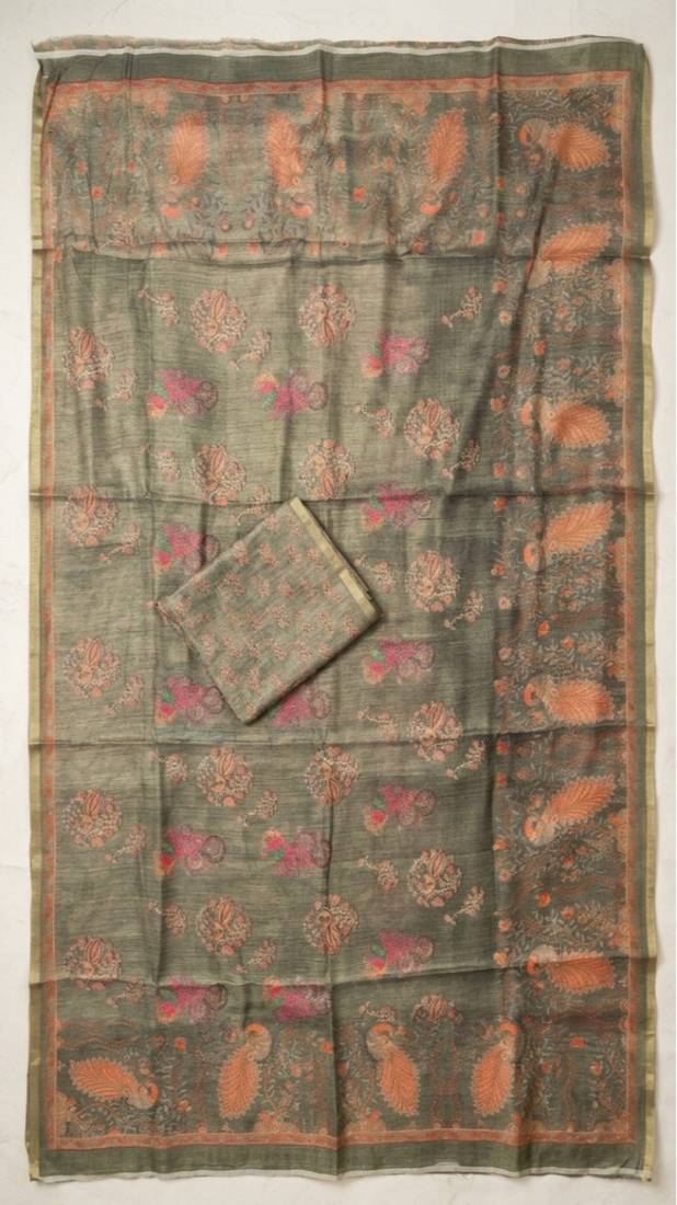 Sage green colour cotton erode weaving deer print saree with unstitched blouse