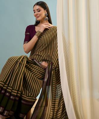 Green color one minute ready made cotton saree with unstitched designer blouse 3