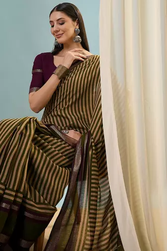 Green color one minute ready made cotton saree with unstitched designer blouse