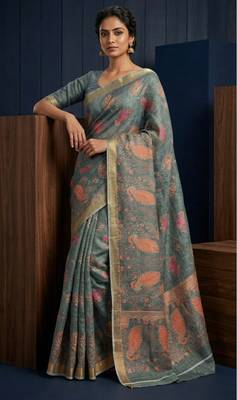 Sea green colour cotton erode weaving deer print saree with unstitched blouse 1