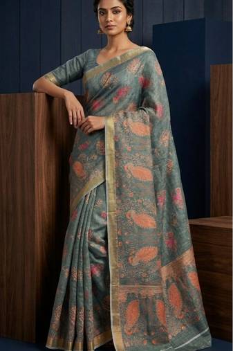 Sea green colour cotton erode weaving deer print saree with unstitched blouse